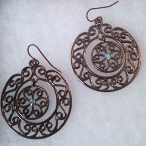 Antique Style Filigree Bronze Earrings with Turquoise‎ Center Stone Vintage